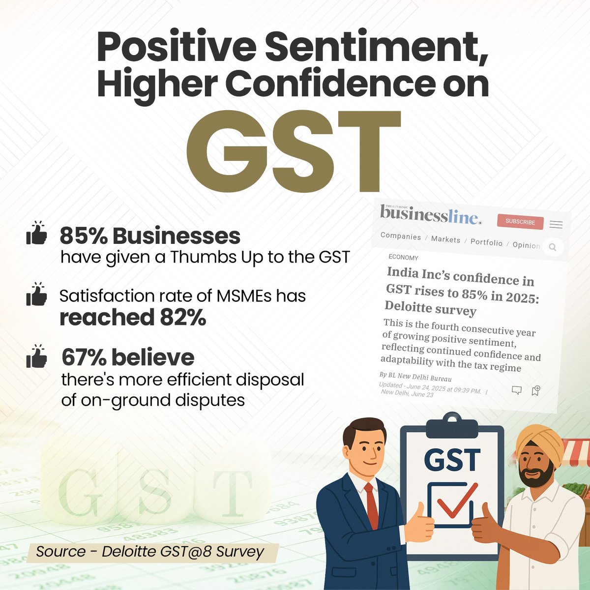 SanghParivarOrg's tweet photo. As per recent Deloitte Survey on GST:
1- 85% Businesses have given Thumbs Up to the GST

2- Satisfaction rate of MSMEs with GST has reached 82% 

3- 67% believe there's more efficient disposal of on-ground disputes in the GST regime 

So the MSMEs who are actually doing business are happy with GST.

Rahul Gandhi is like that outdated transistor who is stuck on a loop and keeps repeating the same thing.
What a joke he is!