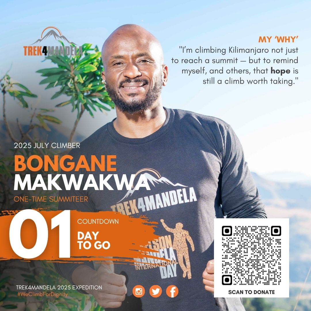 🎉 1 DAY TO GO! 🏔

The final countdown is here. Let's cheer on Bongane Makwakwa, our inspiring Trek4Mandela 2025 July Climber and one-time summiteer!

📲 Scan QR Code to donate or click here: givengain.com/project/bongan…

One climb. One cause. PERIOD🩸!

#Caring4Girls
#MandelaDay