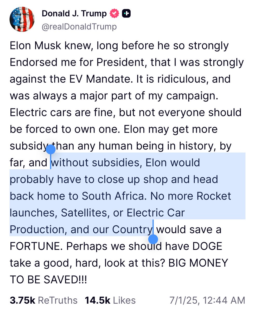 Trump says that if it hadn’t been for subsidies, the US wouldn’t have a dominant player in EVs or space and satellite technology