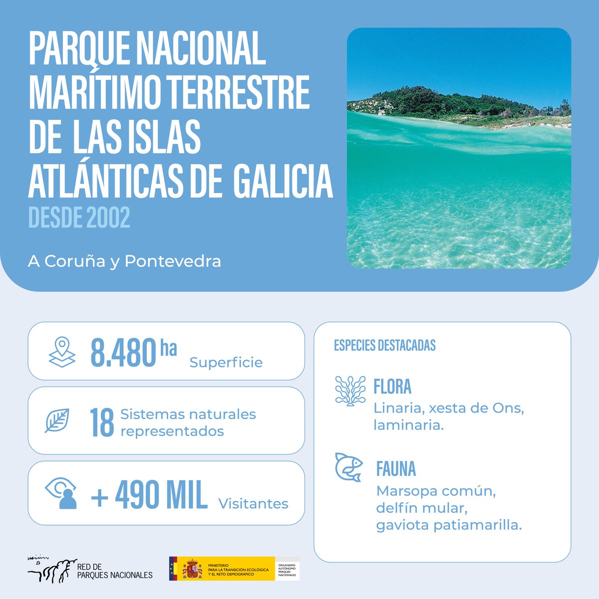 oapngob's tweet image. 🎂Hoxe celebramos os 23 anos do Parque Nacional Marítimo-Terrestre das Illas Atlánticas de Galicia!
🌊Cíes, Ons, Sálvora y Cortegada esconden un tesoro sobre y bajo sus aguas: bosques de algas, maërl, marsopas, aves marinas y mucha biodiversidad “enxebre”🌿🪶🐬🐙🪸🦀
Parabéns!