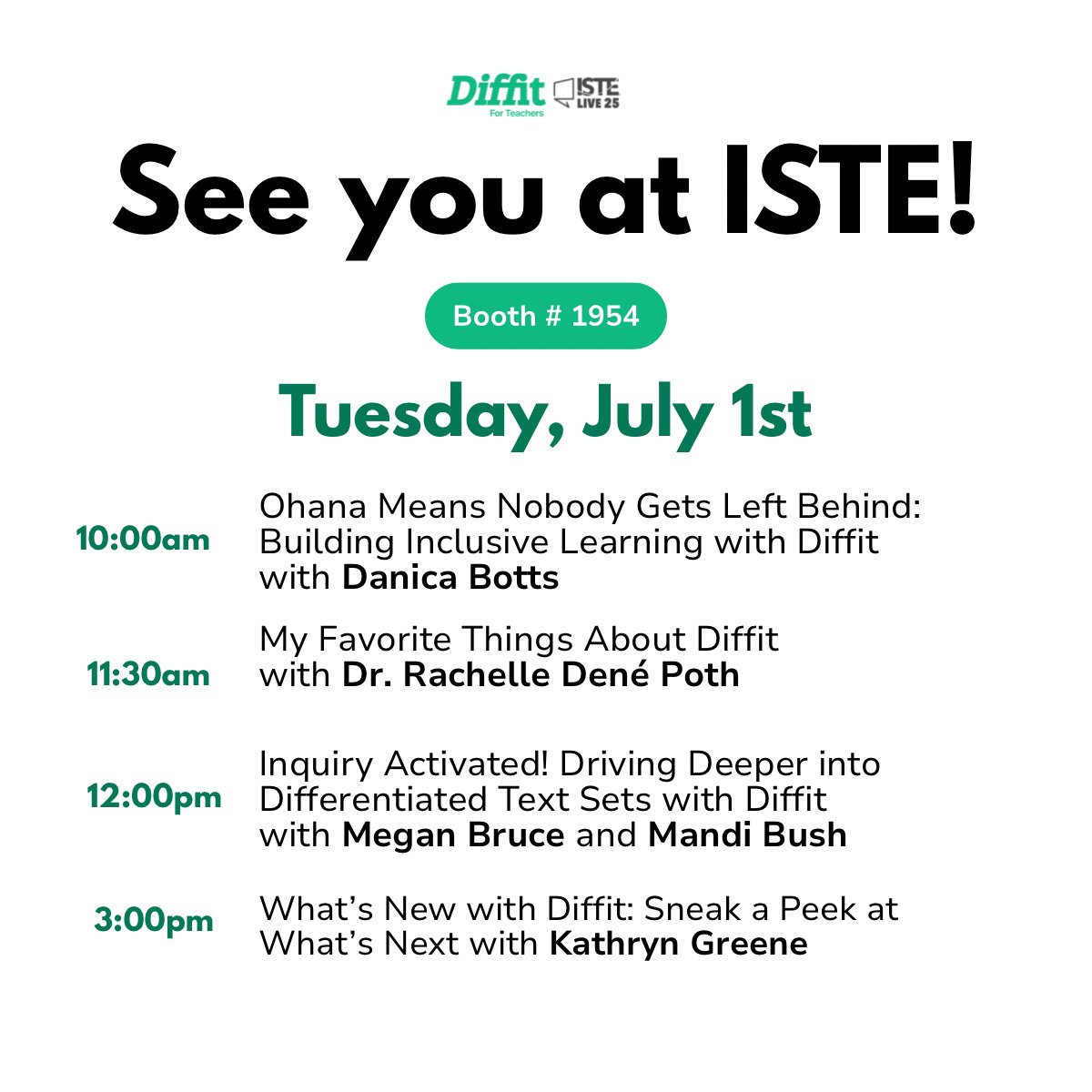 Day ✌️ at #ISTELive!

We’re back at Booth #1954 with another lineup of classroom-ready ideas: 

💡 Inclusive learning
💬 Favorite Diffit tips
🧠 Inquiry-driven text sets
🔮 A sneak peek at what’s next

See you soon! 👋