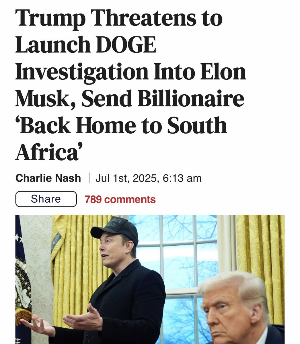 josette caruso (@josettecaruso) on Twitter photo <a href="/MarioNawfal/">Mario Nawfal</a> <a href="/elonmusk/">Elon Musk</a> I agree, do you?
President Donald Trump has threatened to launch a Department of Government Efficiency (DOGE) investigation into its former chief Elon Musk after Musk tore into Trump’s “Big Beautiful Bill” and called for the creation of a third party.
“Elon Musk knew, long <a href="/MarioNawfal/">Mario Nawfal</a> <a href="/elonmusk/">Elon Musk</a> I agree, do you?
President Donald Trump has threatened to launch a Department of Government Efficiency (DOGE) investigation into its former chief Elon Musk after Musk tore into Trump’s “Big Beautiful Bill” and called for the creation of a third party.
“Elon Musk knew, long