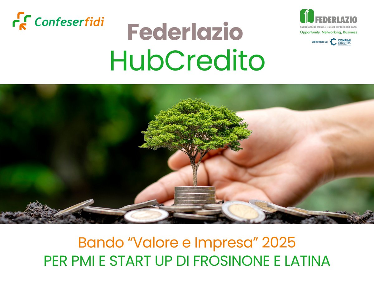 FEDERLAZIO (@federlazio) on Twitter photo #Confeserfidi #HubCreditoFederlazio è soggetto attuatore del Bando “Valore
Impresa 2025” promosso dalla #CameraCommercioFrosinoneLatina al fine di supportare le #MPMI nella digitalizzazione e innovazione dei processi aziendali.
frosinone@confeserfidi.it
latina@confeserfidi.it #Confeserfidi #HubCreditoFederlazio è soggetto attuatore del Bando “Valore
Impresa 2025” promosso dalla #CameraCommercioFrosinoneLatina al fine di supportare le #MPMI nella digitalizzazione e innovazione dei processi aziendali.
frosinone@confeserfidi.it
latina@confeserfidi.it