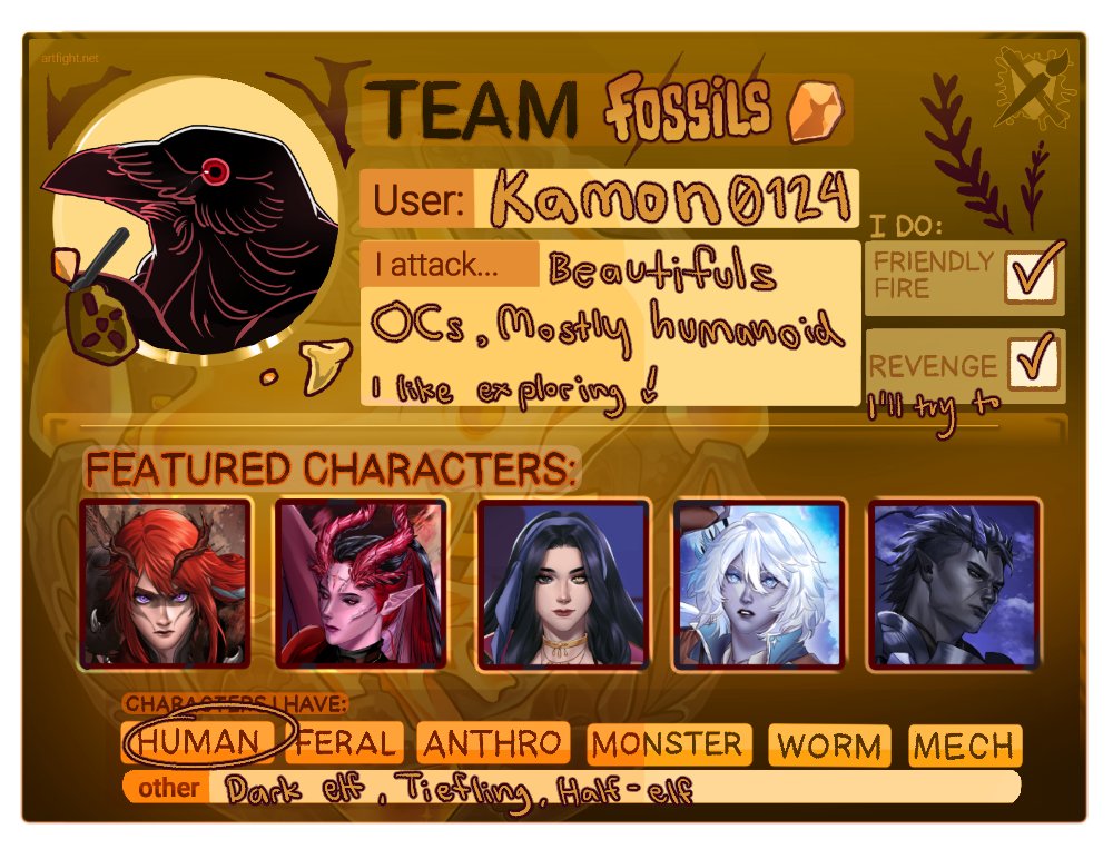 I'M JOINING ARTFIGHT    

let's see if we get to revenge crystalies people 😈
#artfight #artfight2025    

AF: artfight.net/~Kamon0124