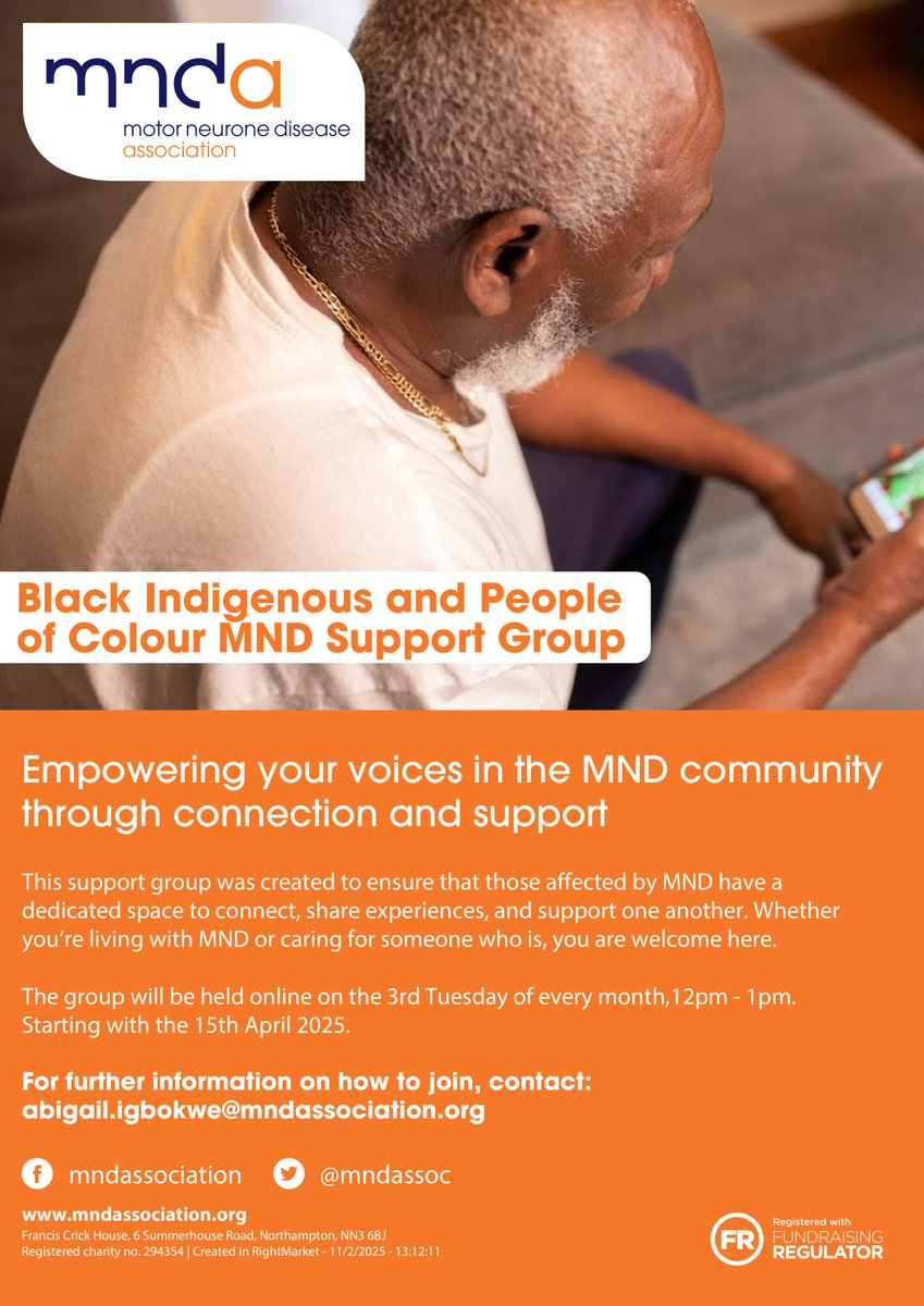 The next Black, Indigenous and People of Colour MND Support Group will be on Tuesday 15th July.

#mnda #MND #ALS #PLS #bipocsupport #carers #carersupport
