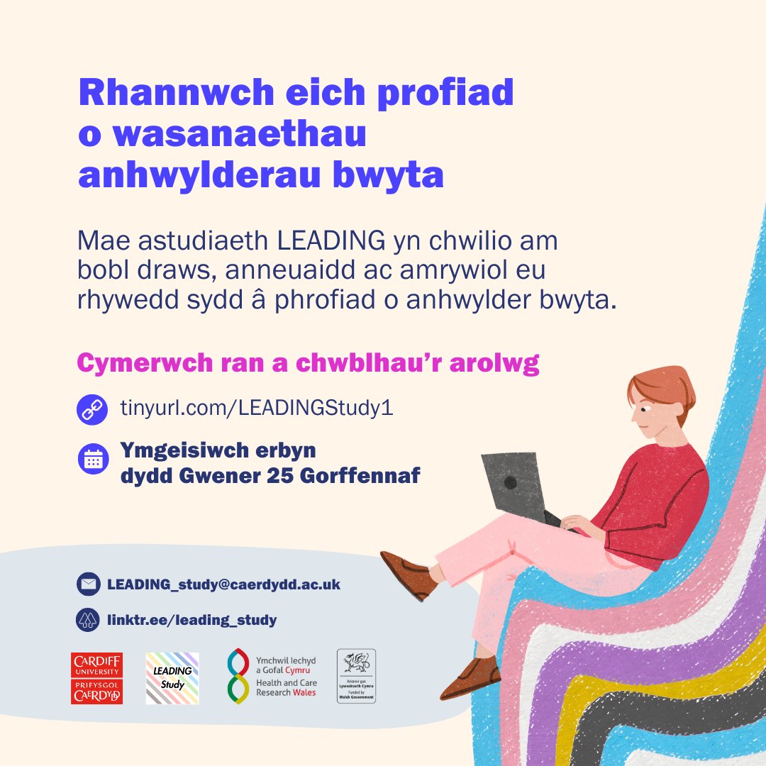 National Centre for Mental Health (NCMH) (@ncmh_wales) on Twitter photo 📣 Cymerwch ran mewn ymchwil
Mae <a href="/Leading_Study/">LEADING Study</a> yn chwilio am bobl draws, anneuaidd ac amrywiol eu rhywedd i rannu eu profiadau o wasanaethau anhwylderau bwyta.
📆 Cwblhewch yr arolwg ar-lein erbyn dydd Gwener 25 Gorffennaf.
🔗 tinyurl.com/LEADINGStudy1 📣 Cymerwch ran mewn ymchwil
Mae <a href="/Leading_Study/">LEADING Study</a> yn chwilio am bobl draws, anneuaidd ac amrywiol eu rhywedd i rannu eu profiadau o wasanaethau anhwylderau bwyta.
📆 Cwblhewch yr arolwg ar-lein erbyn dydd Gwener 25 Gorffennaf.
🔗 tinyurl.com/LEADINGStudy1