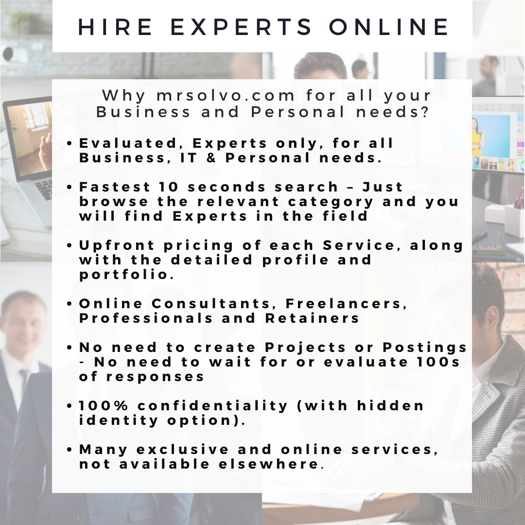 MrSolvo's tweet photo. Hire Expert Counselors, Astrologers, Business Consultants, Digital Marketers, Video Editors, Graphic Designers, Web &amp; Mobile App Developers, CA/ CS, GST/ Income Tax Consultants, Recruiters, Content Writers, Interior Designers etc. via https://t.co/rVUAOf0M8m https://t.co/nydODTF6j9