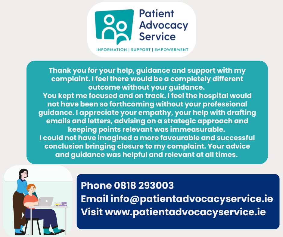 This is some feedback recently received by one of our Advocates.

If you would like support to make a complaint to a public acute hospital or a nursing home, contact the Patient Advocacy Service today.

Call 0818 293003

Visit patientadvocacyservice.ie

#humanrights #advocacy