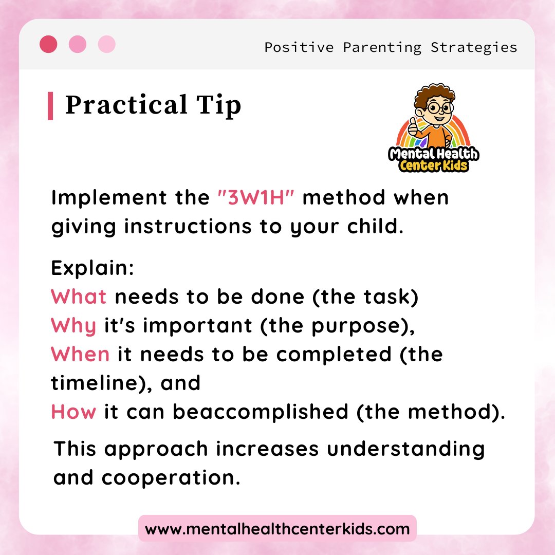 MHCenterKids's tweet image. 3W1H method improves child cooperation. How do you give clear instructions to your child?

#ParentingTips #EffectiveCommunication