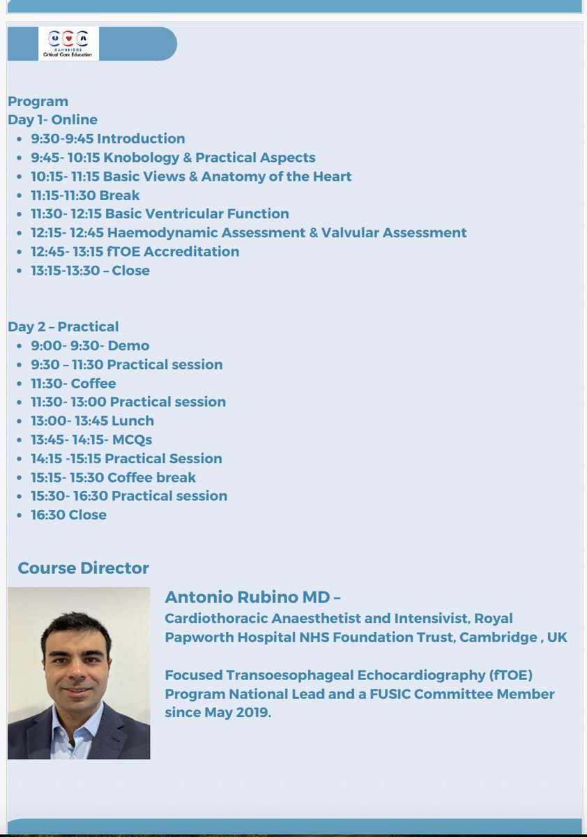 Cambridge Critical Care Education (@cambridgecce) on Twitter photo We are excited to announce our upcoming two-day TOE course, with Day 1 online and Day 2 practical, led by expert and experienced faculty. Check out the program and come join us! <a href="/AEA_rubino/">Antonio Rubino</a> We are excited to announce our upcoming two-day TOE course, with Day 1 online and Day 2 practical, led by expert and experienced faculty. Check out the program and come join us! <a href="/AEA_rubino/">Antonio Rubino</a>