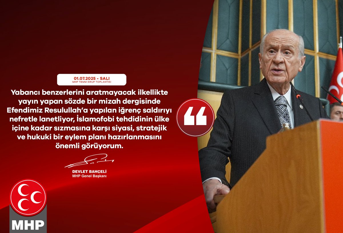 Yabancı benzerlerini aratmayacak ilkellikte yayın yapan sözde bir mizah dergisinde Efendimiz Resulullah’a yapılan iğrenç saldırıyı nefretle lanetliyor, İslamofobi tehdidinin ülke içine kadar sızmasına karşı siyasi, stratejik ve hukuki bir eylem planı hazırlanmasını önemli