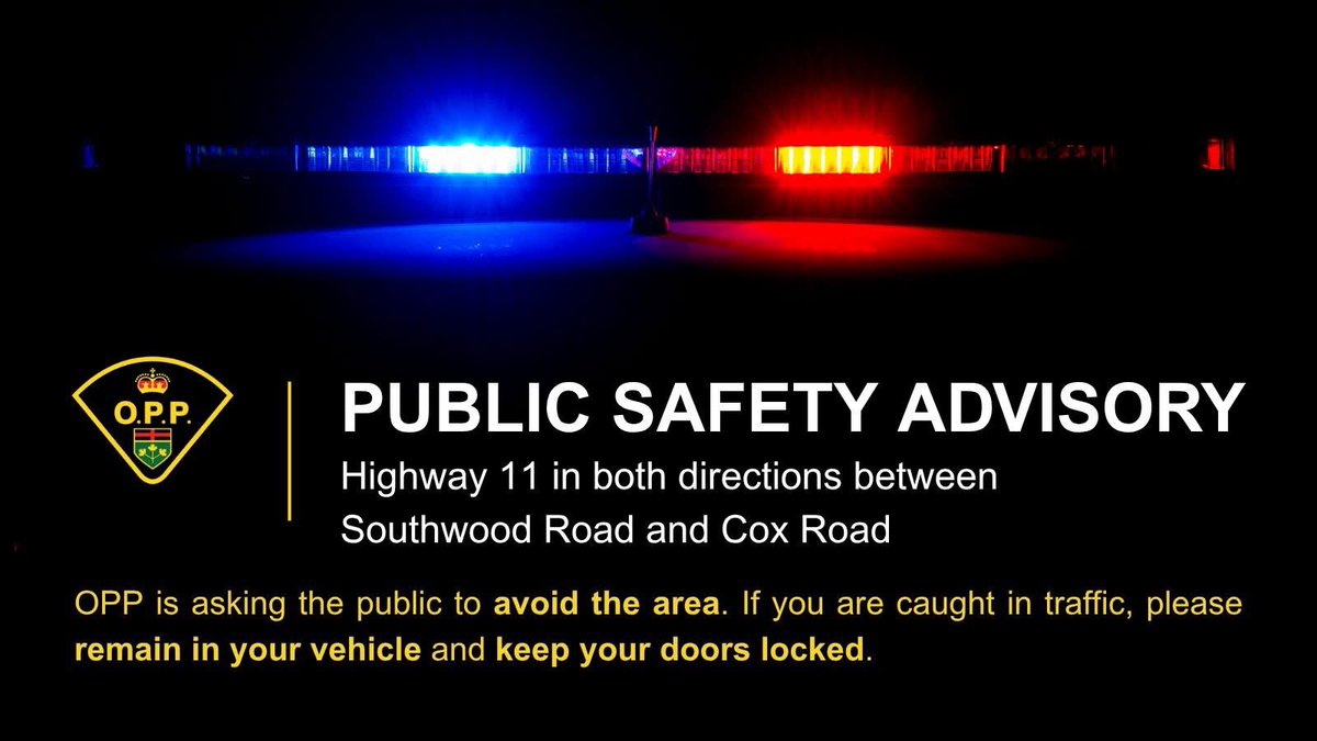 SHELTER IN PLACE VIA OPP:

UPDATE: Highway 11 is closed in both directions between Severn River Road and Coopers Falls Road and between Canning Road and Graham Road. OPP is asking public to shelter in place and to avoid the area.  If you are caught in traffic, please remain in