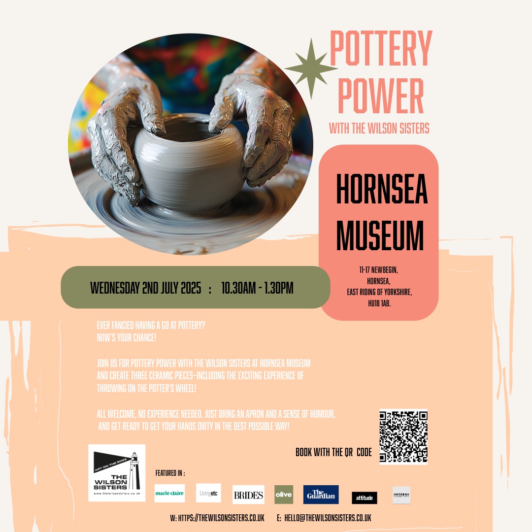 TOMORROW 2 JULY POTTERY WORKSHOP
PAID EVENT 10.30-13.30pm
Join ceramicists Emma &amp; Kate Wilson @ Hornsea Museum. Create 3 pieces &amp;  ‘throw’ on a potter’s wheel. Bring overall/apron &amp; your creativity £60 (includes firing costs), from Eventbrite (eventbrite.co.uk/.../pottery-po…...).