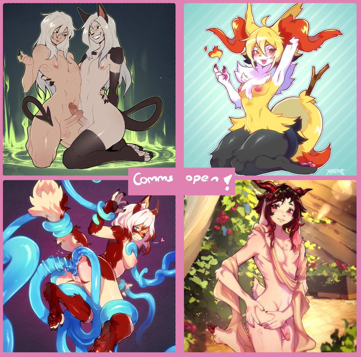 my commissions are open!  you can find all the info you need here:   
masvinoprices.carrd.co masvinotos.carrd.co   
you may DM me here or message me on discord @ masvino !