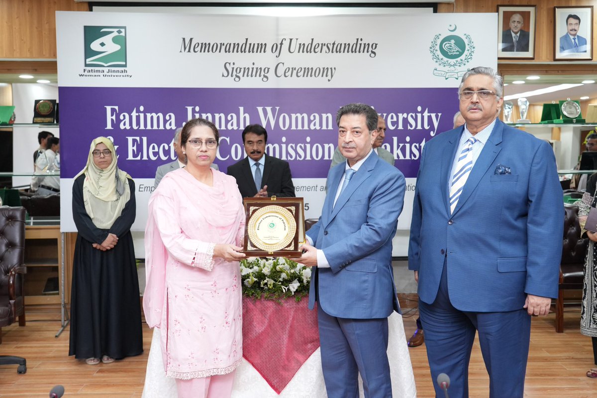 A ceremony was held at the Election Commission Secretariat in Islamabad on 1st July,2025 during which a Memorandum of Understanding (MoU) was signed between the Election Commission of Pakistan and Fatima Jinnah Women University (FJWU).