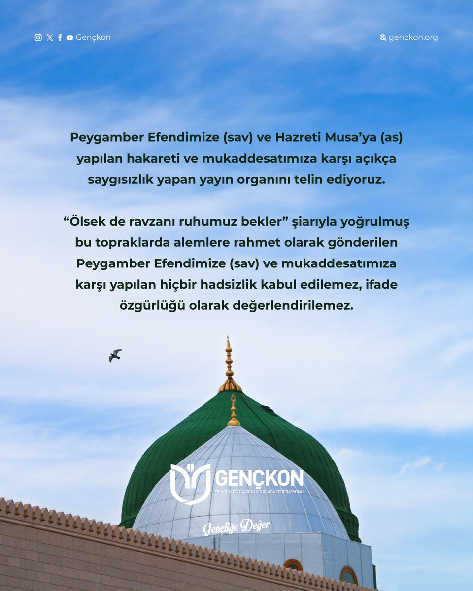 Peygamber Efendimize (sav) ve Hazreti Musa’ya (as) yapılan hakareti ve mukaddesatımıza karşı açıkça saygısızlık yapan yayın organını telin ediyoruz.
