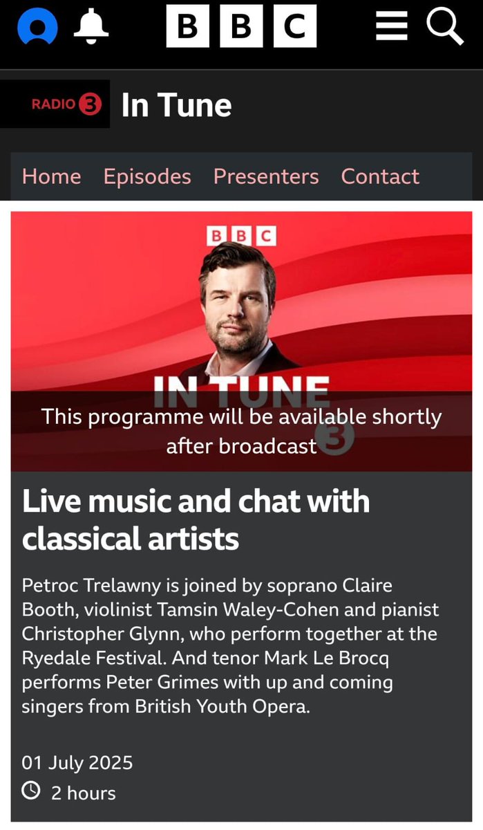 Cambridge_Phil's tweet image. Later today...
Tenor Mark Le Brocq will be joining Petroc Trelawny on BBC Radio 3... Mark performs Peter Grimes this Saturday at Saffron Hall @cambridgemusic 

Listen later: bbc.co.uk/programmes/m00…

BOOK NOW: saffronhall.com/whats-on/view/… #petergrimes #csm25