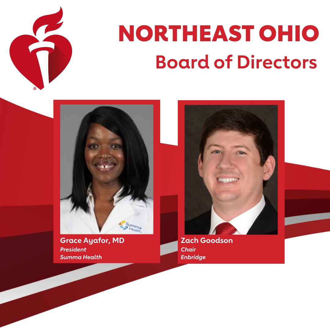 AmHeartOhio's tweet image. Meet the new faces of our Northeast Ohio leadership! Join us in welcoming Dr. Grace Ayafor @SummaHealth & Zach Goodson @Enbridge as president & chair of our Board. Together, they’ll help lead us in our mission of being a relentless force for a world of longer, healthier lives ❤️