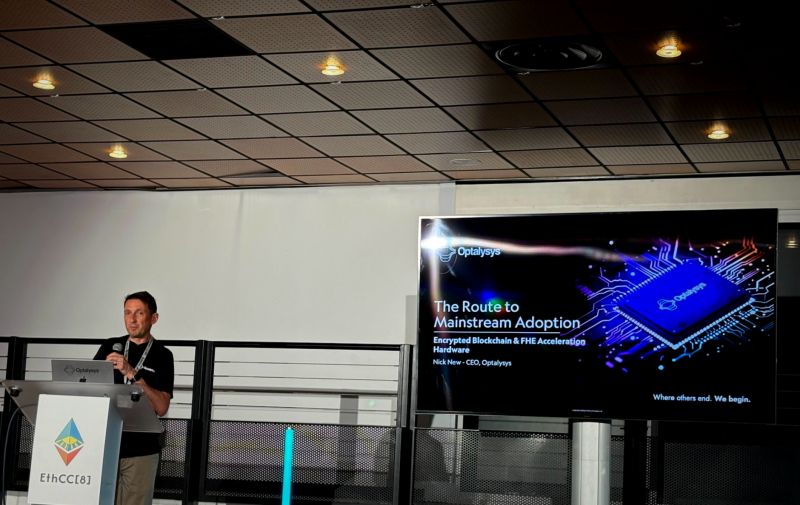 Optalysys's tweet image. 💬 ICYMI: CEO @NNOPT on the Kelly Stage at @EthCCweek earlier, talking FHE acceleration and mainstream adoption. If you want to know more, you can visit the Optalysys stand in WAGMI Boulevard (green floor, level 3) for the rest of today. #techtalks #FHE #BlockchainInnovation