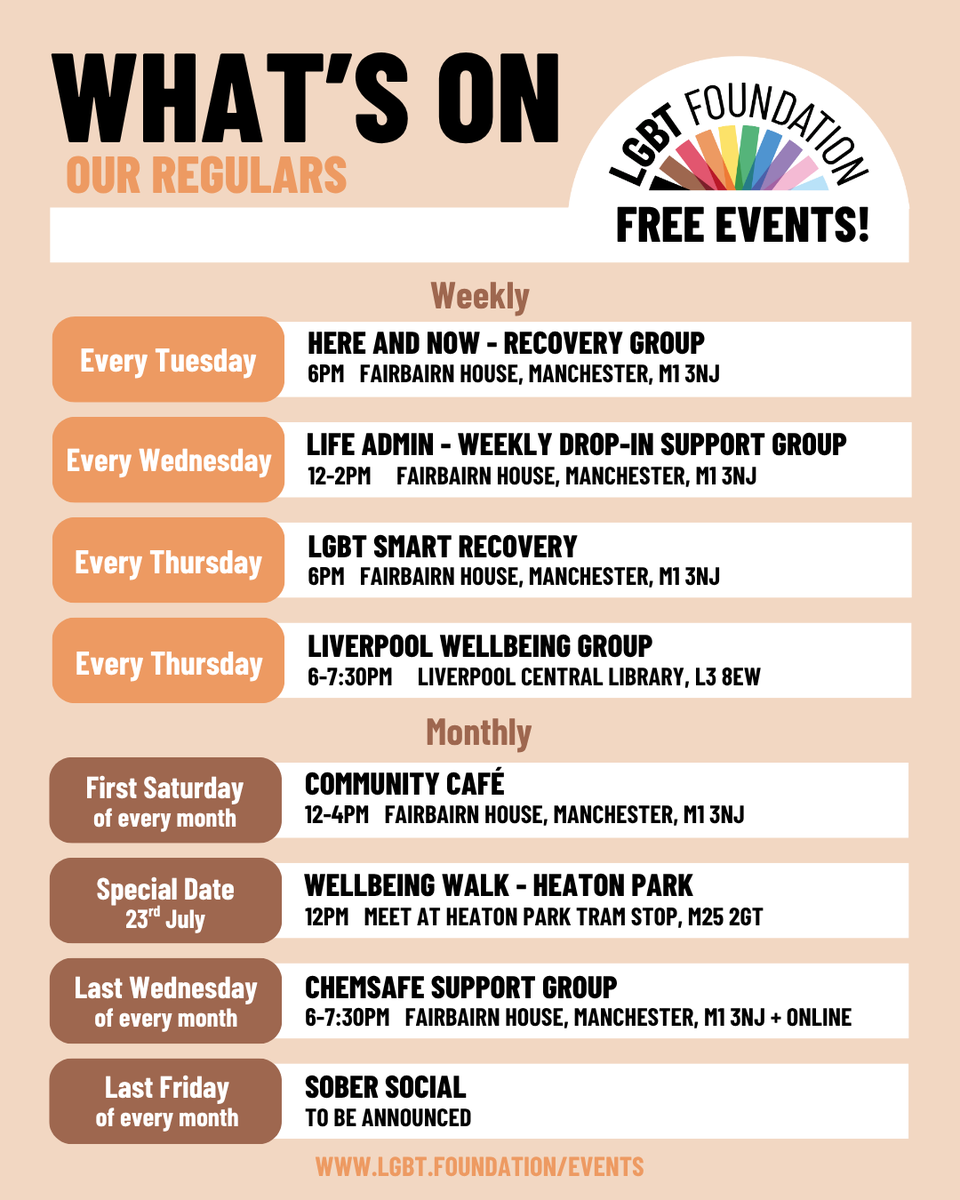 LGBTfdn's tweet photo. What's On in July at LGBT Foundation โค๏ธ
This month, we're continuing to celebrate our queer hope, joy, and pride across Manchester, Liverpool, and online! ๐
๐ https://t.co/tT76h0XgB4
#LGBTFoundation #ManchesterPride #QueerCommunity #LGBTQEvents #PrideInTheUK #ManchesterEvents https://t.co/9DI24Jy80D