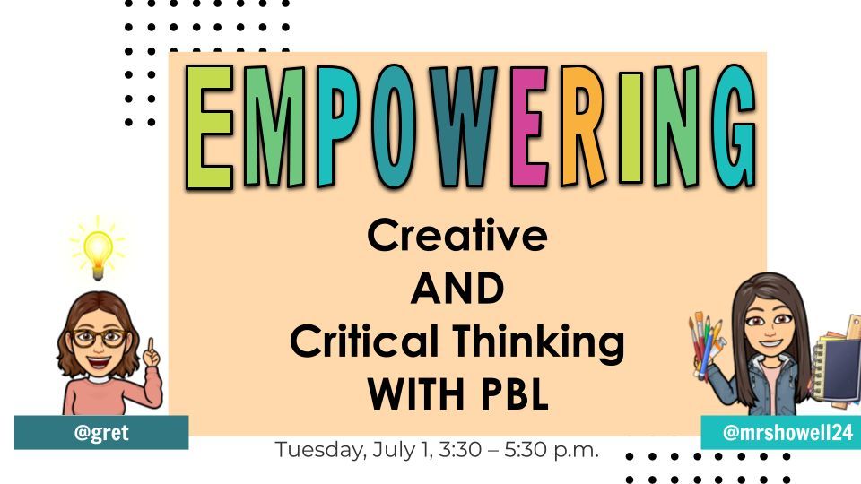 Stephanie Howell (@mrshowell24) on Twitter photo 🎨+🧠 = 🔥
Empower students to think boldly!
Join us for Creative AND Critical Thinking with PBL
🗓️ Tues, July 1 | 3:30–5:30 PM
<a href="/gret/">Greta Sandler</a> 🎨+🧠 = 🔥
Empower students to think boldly!
Join us for Creative AND Critical Thinking with PBL
🗓️ Tues, July 1 | 3:30–5:30 PM
<a href="/gret/">Greta Sandler</a>