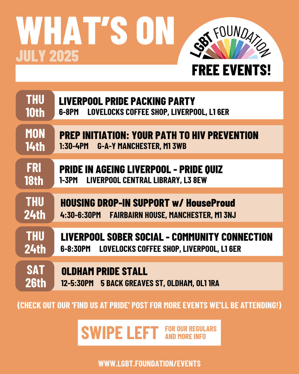 LGBTfdn's tweet photo. What's On in July at LGBT Foundation โค๏ธ
This month, we're continuing to celebrate our queer hope, joy, and pride across Manchester, Liverpool, and online! ๐
๐ https://t.co/tT76h0XgB4
#LGBTFoundation #ManchesterPride #QueerCommunity #LGBTQEvents #PrideInTheUK #ManchesterEvents https://t.co/9DI24Jy80D