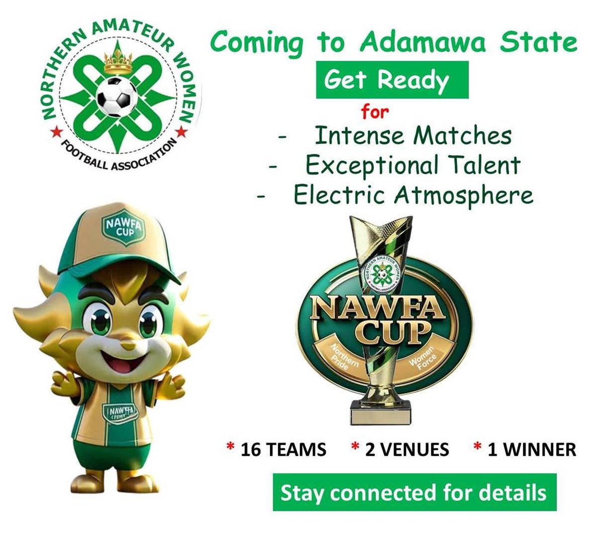 Adamawa State, Get Ready!
Women Football Loading
The stage will soon be set
The anticipation is building.
Don't miss out on the action-packed matches and thrilling moments. 
Stay Connected for details