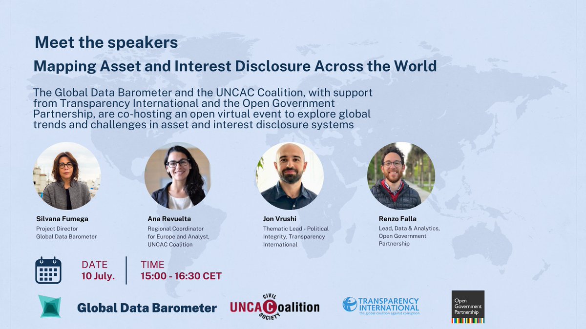 📢Save the Date!
Join us on 10 July (15:00–16:30 CET) for a public webinar on asset and interest disclosure systems—what’s working, what’s not, and where we go from here.

Register: us02web.zoom.us/meeting/regist…

#AssetDisclosure #PoliticalIntegrity #OpenData #Transparency #GDB2025