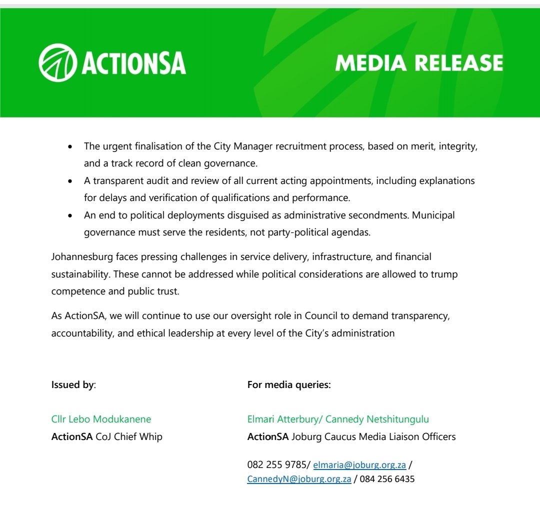 Mr. Kekana’s history is well documented, and his appointment is not consistent with the standards 
of clean governance that ActionSA espouses. His suspension in 2009 as City Manager of Tshwane 
and the subsequent multimillion-rand settlement over maladministration allegations