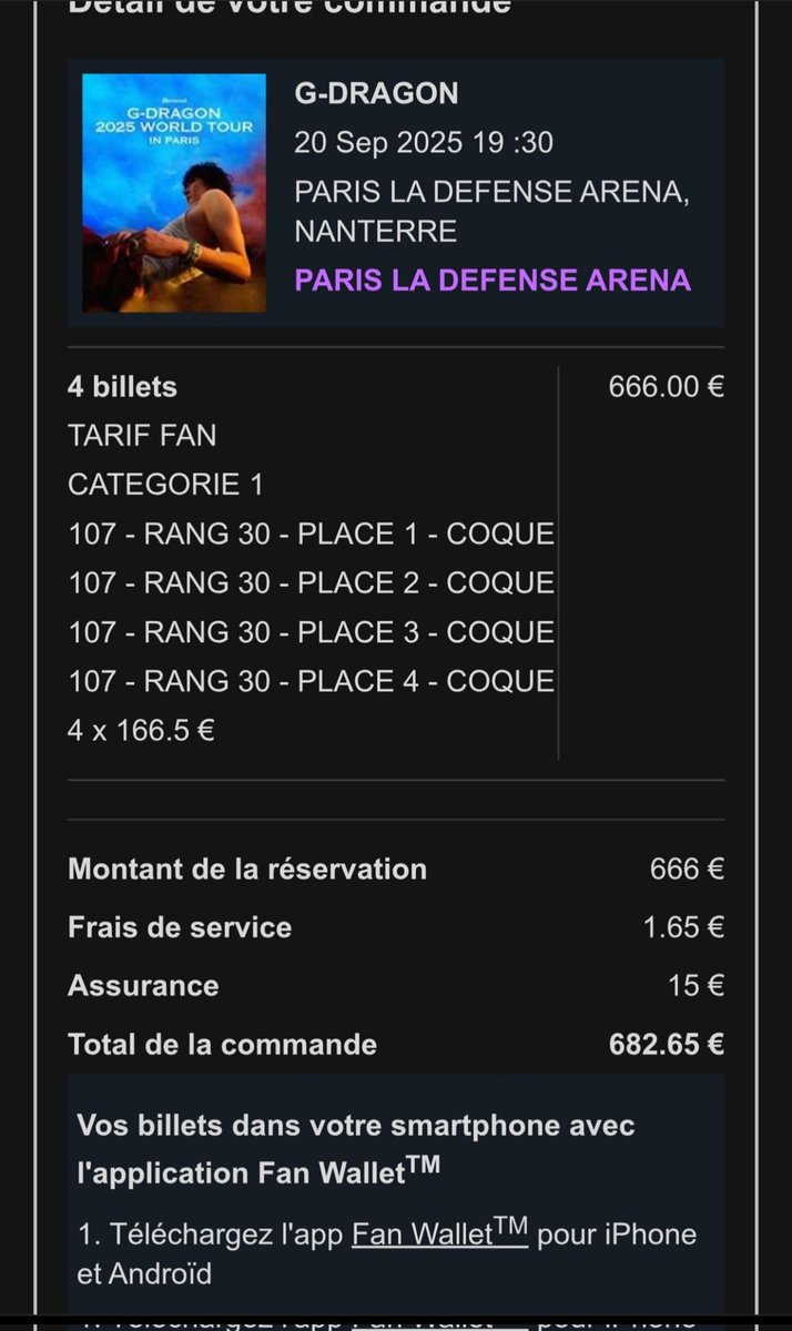 tchii307's tweet image. ⚠️Selling 4 tickets to G-Dragon's concert in Paris, because we got better tickets! Original price+insurance.
Dm me if interested!

🔥Je vend 4 places pour le concert de G-Dragon à Paris. Prix original+assurance.
MP si intéressé !

#GdragoninParis #Gdragon #Gdinparis