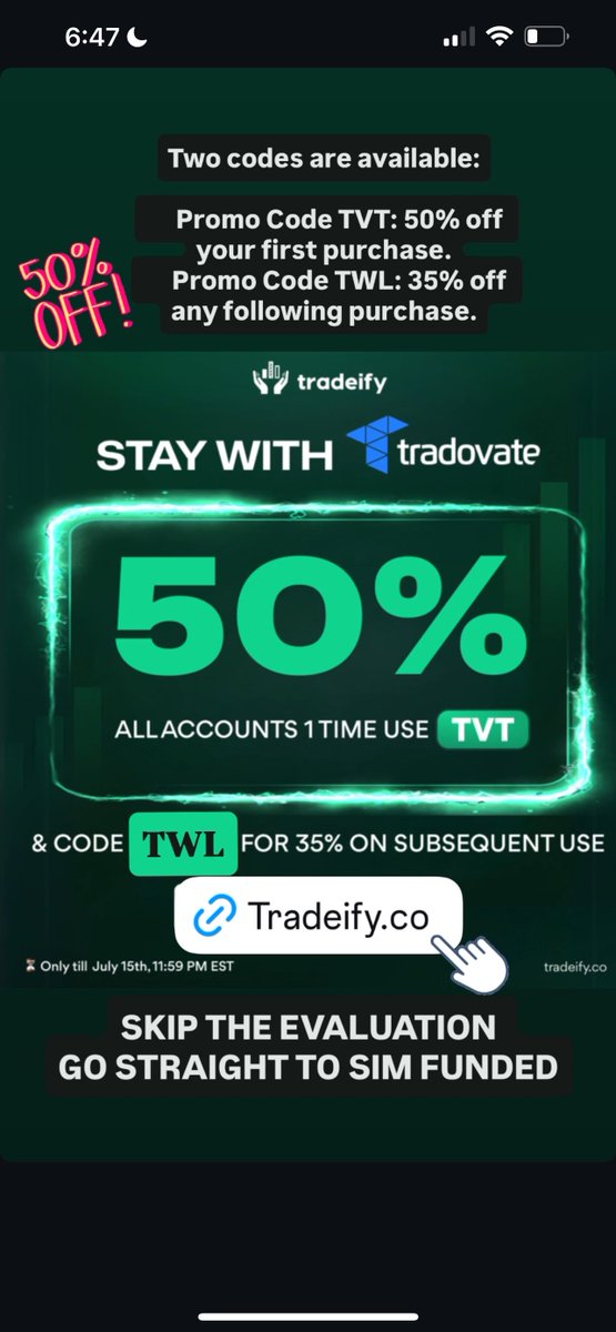 iamJMinx's tweet image. Giving away a $50k Tradeify Growth Challenge account… 
🔁Must retweet this and follow me to enter.  That’s it. 
Ends on July 15th at 11:59pm ET 
✨Different types of accounts. 
✨ SKIP THE EVALUATION &amp;amp; GO STRAIGHT TO SIM FUNDED. 
✨No Payout Window

✨BEST DISCOUNT 
Two promo…