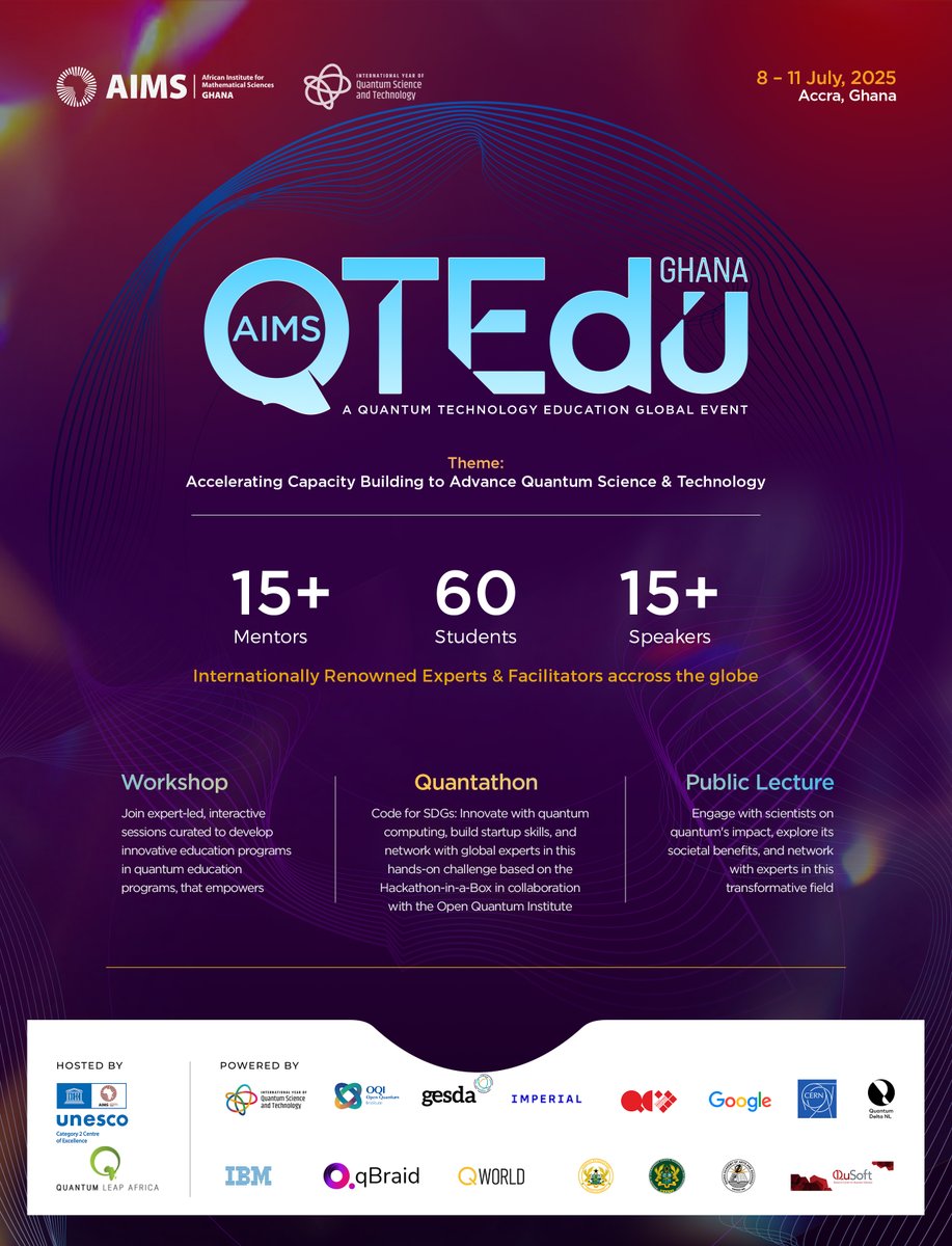 AIMSGhana's tweet photo. 6 days to go!🚀
The #AIMSQTEdu25 takes off in Accra, #Ghana from 8–11 July. We are gearing up for the #Quantathon &amp; Closed-Door #Workshops!
Also, don’t miss the Public Lecture “Our Quantum Future” with Prof. Jonathan Oppenheim on July 11!!
Register via: https://t.co/0qh6dSnnsi https://t.co/L1wKlMF1fA