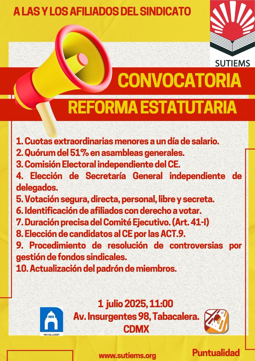 Convocatoria a reforma estatutaria 
Propuesta del Comité Ejecutivo que será presentada a la Asamblea General para su análisis, discusión y aprobación. 
A realizarse en las instalaciones del SME.
¡Por educación y trabajo dignos!