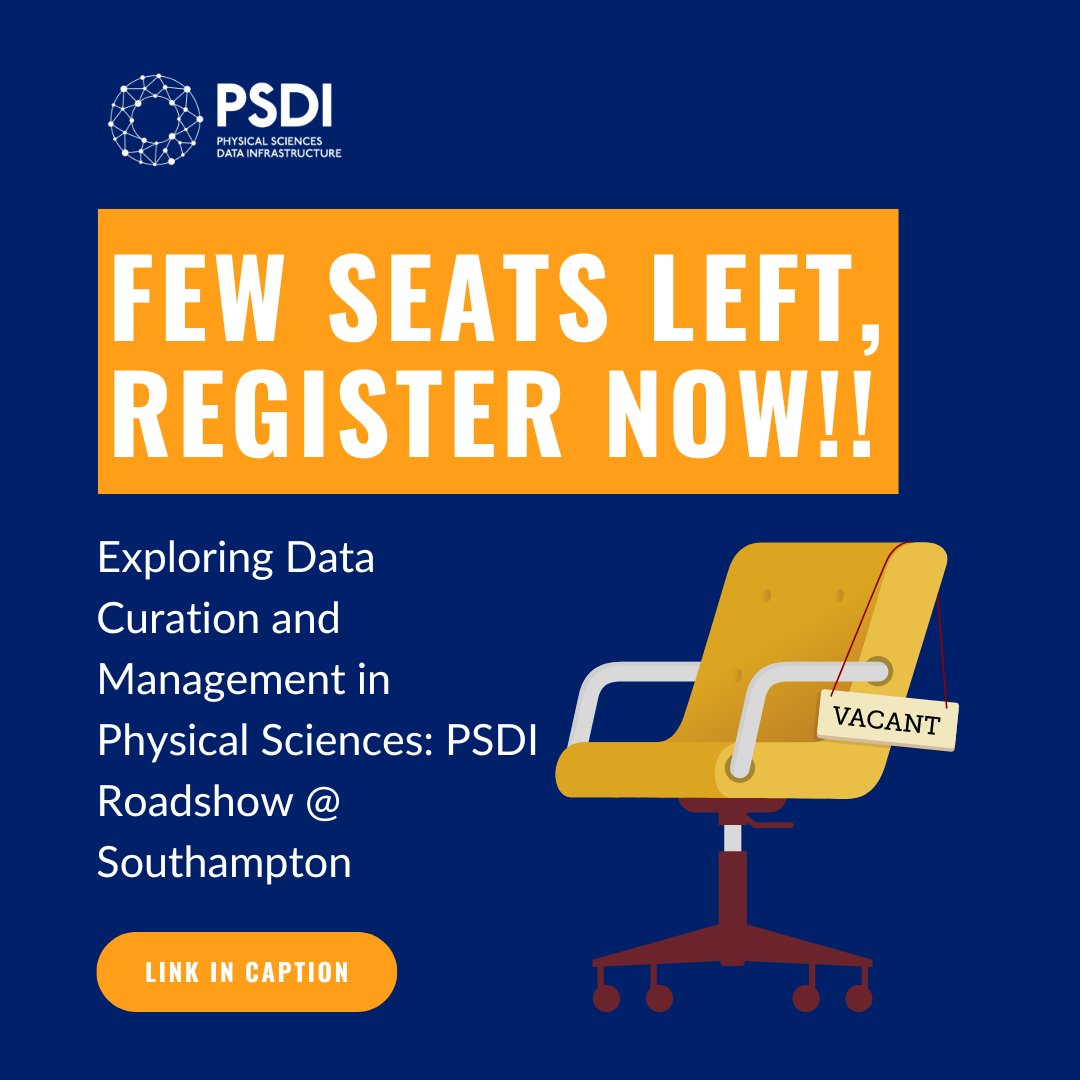 PSDI_UK's tweet image. 🚨 Last few seats left! 🚨
🎟️ Register: eventbrite.co.uk/e/exploring-da…
The Physical Sciences Data Infrastructure (PSDI), @unisouthampton , and the @digitalcuration (DCC) are jointly hosting an in-person, one-day event to explore data curation and data management in physical sciences.…
