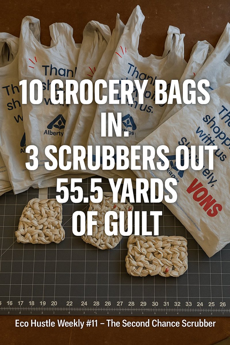 thedanshea's tweet photo. 10 grocery bags → 3 scrubbers
126 strips. 55.5 yards of plarn.
And at least 17 loops of emotional damage.
Reuse isn’t just crafty — it’s math, guilt, and questionable wrist strain.
Full chaos in Eco Hustle #11.
DM “scrub club” if you want it.
#ScrubClub #EcoHustle https://t.co/YRsZABqmkR