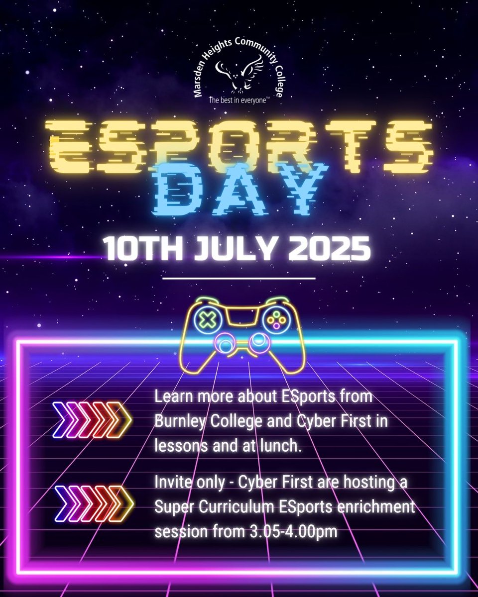 Marsden Heights (@marsdenheights) on Twitter photo Interested in Esports? We are holding a special Esports Day in collaboration with Burnley College and CyberFirst!
You can discover more about the exciting world of competitive gaming and career opportunities in the digital industry.
#careers #futures #marsdenheights Interested in Esports? We are holding a special Esports Day in collaboration with Burnley College and CyberFirst!
You can discover more about the exciting world of competitive gaming and career opportunities in the digital industry.
#careers #futures #marsdenheights