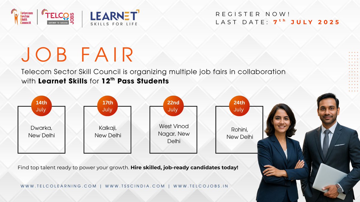 Looking to hire fresh, job-ready talent in Delhi?  Register by 7 July 2025 to reserve your slot!  

Register Now: telcojobs.in/jobfairlist.as…

#jobfair #delhihiring #skilledworkforce #entryleveltalent #tsscindia #telcojobs #recruiters