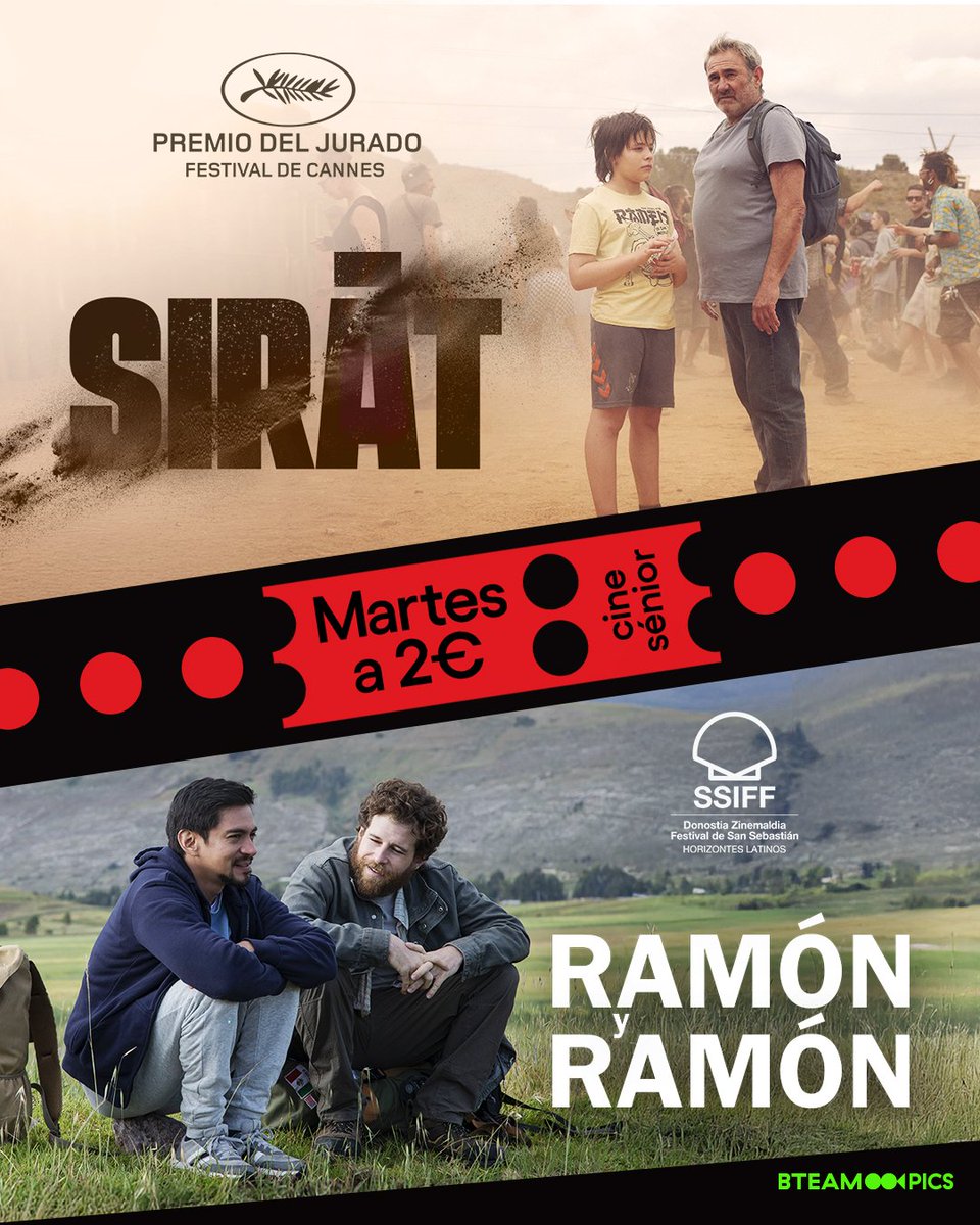 ¡Con julio vuelven los martes de #CineSenior a nuestros cines!

Y por aquí 2 estrenos #Bteam para estos días de calor.

💥#SIRAT, de Oliver Laxe.
🫂 #RamónYRamón, de Salvador del Solar.

YA EN CINES