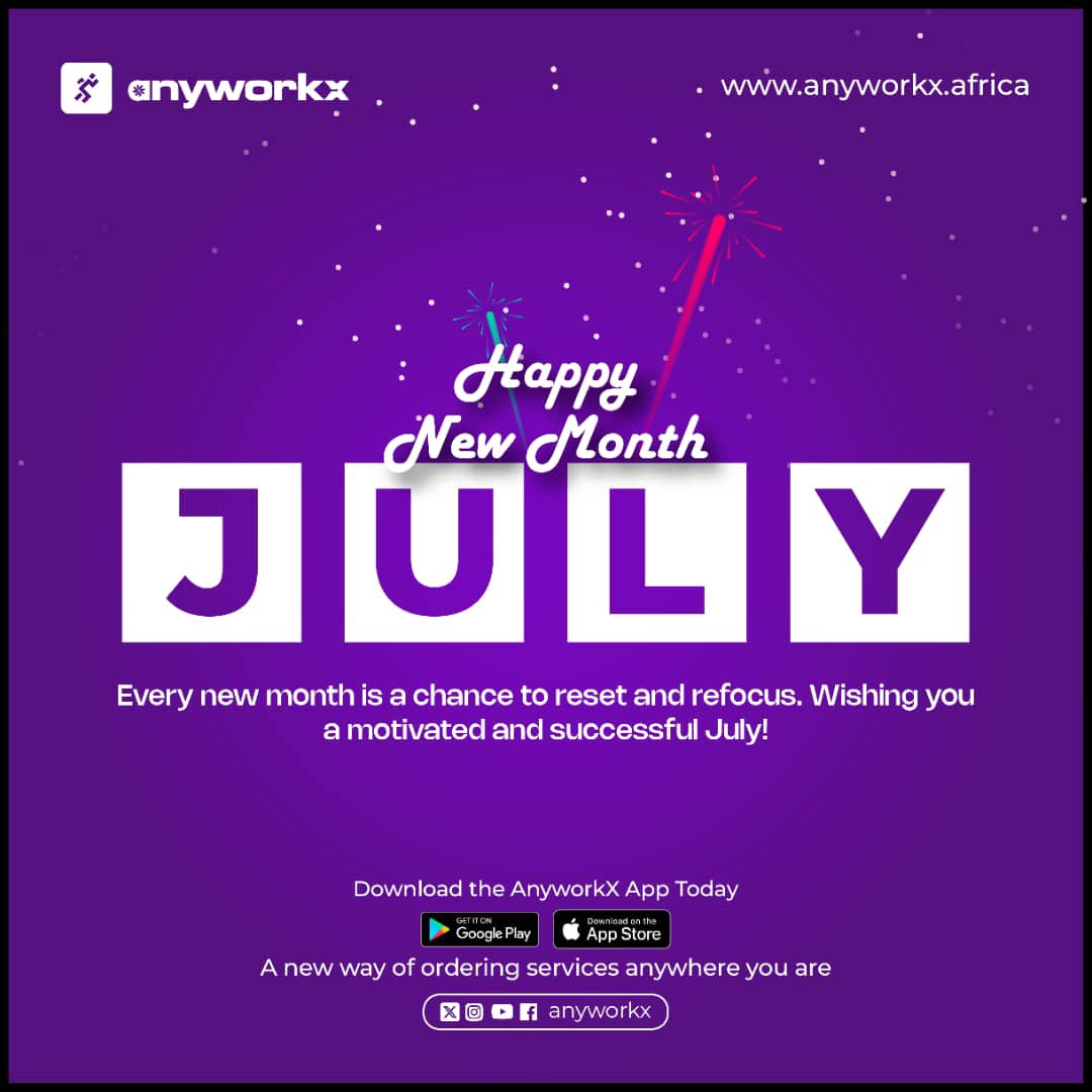 🌟Hello July!🌟 New Month. New Goals. New Opportunities.
✨This July, let AnyworkX connect you to the right vendors — fast, easy, and reliable.

💼 Need a service?
🎨 Planning an event?
🔧 Looking for a trusted professional?

Download the AnyworkX App today and book verified