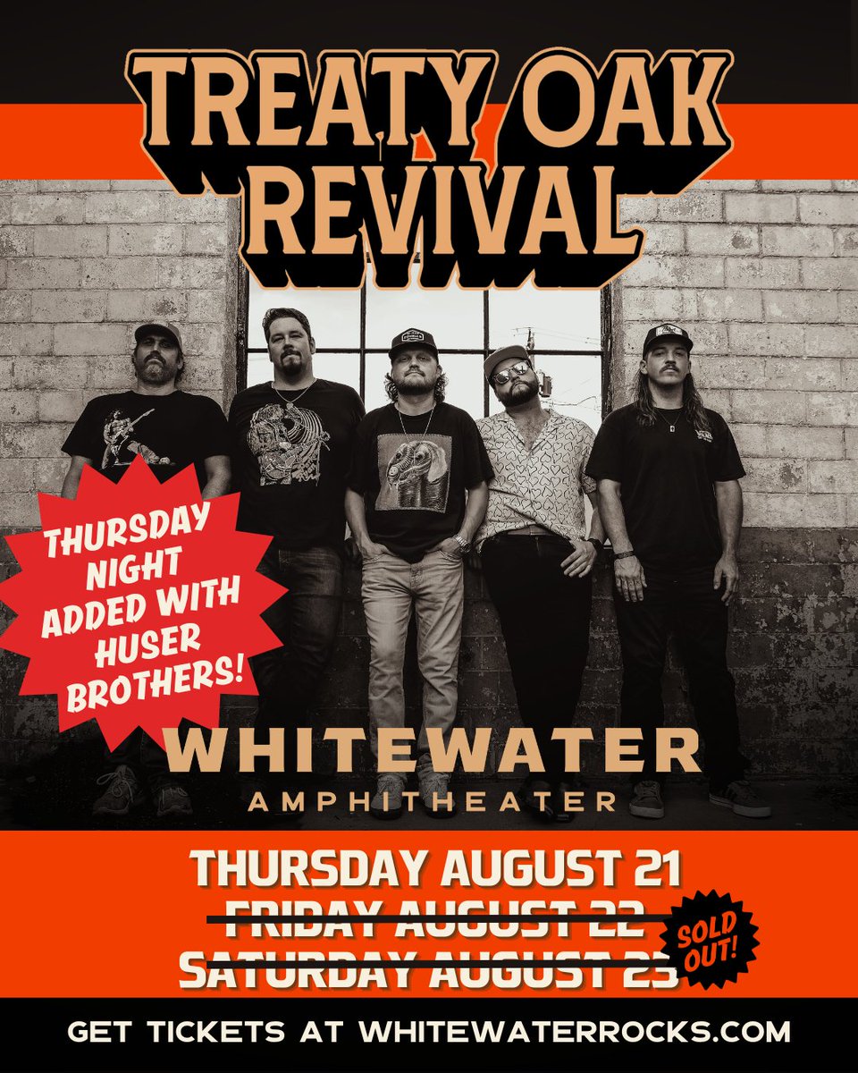 WhitewaterRocks's tweet image. ‼ Thursday night added ‼
Y’all asked, we listened — a third night of @TreatyOakMusic has just been added!
With special guest @HUSERBROTHERS, it’s gonna be another sold-out night of Texas country 🔥
🎟️ Tickets won’t last — tixr.com/e/14