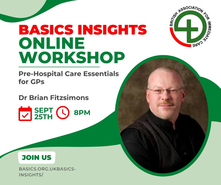 BASICS_HQ's tweet image. 🚑 Join us for an essential BASICS Insights workshop!
We're thrilled to welcome Dr Brian Fitzsimons on 25 September at 8pm, talking on 'Pre-Hospital Care Essentials for GPs'.
Whether you're already in General Practice or looking to, this session is packed with practical insights…