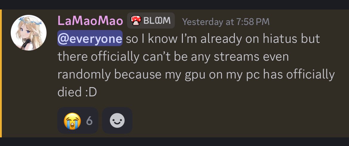 I know I been on hiatus for life events right now but my gpu is dead and I can’t afford to replace it.

It’s gonna be several months before I can purchase a new one with my current expenses.

So that means no gaming or streams for me😭