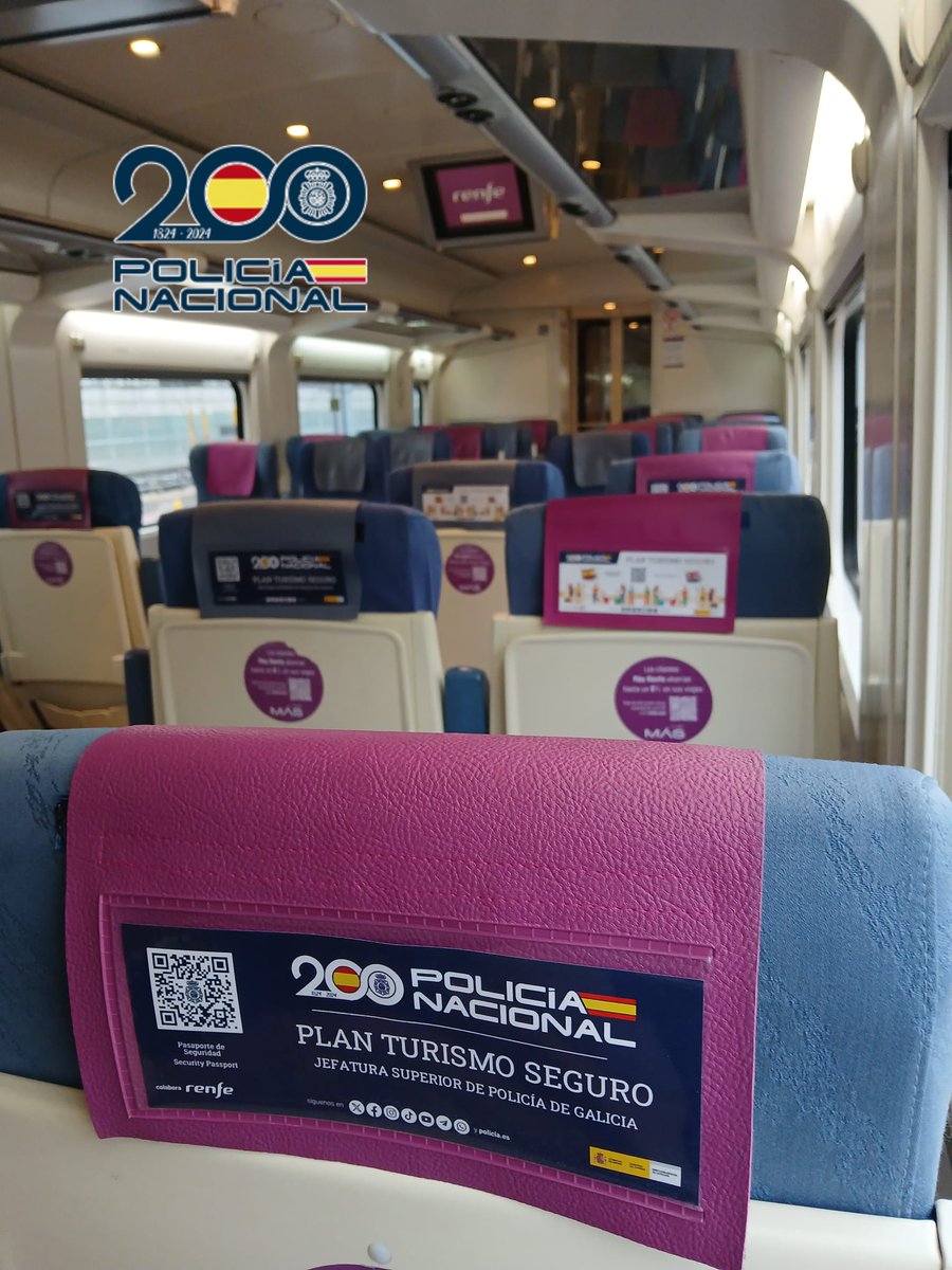 policia's tweet photo. 🚄👮♂️ Este verano, viajar por Galicia será más seguro
@policia y @Renfe se unen en el Plan Turismo Seguro 💙
📌 Reposacabezas informativos con QR en trenes del corredor atlántico
ℹ️ Consejos de prevención para turistas y viajeros
#TurismoSeguro
#SafeTurism