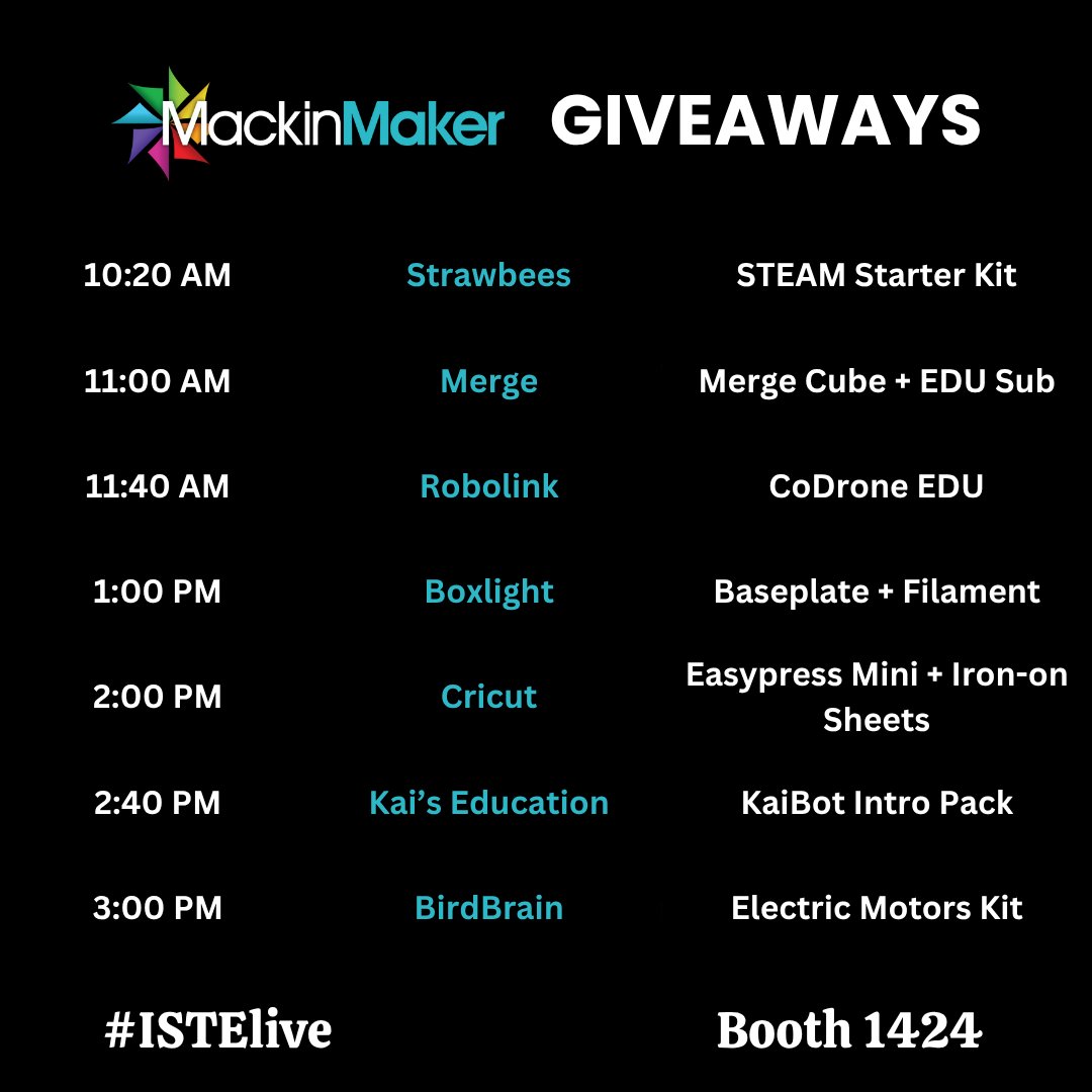 MackinMaker (@mackinmaker) on Twitter photo More Makerspace Giveaways at #ISTElive β Day 2!
Swing by the Mackin booth #1424 for live presentations and prizes from:
π₯ 10:20 - <a href="/strawbees/">Strawbees</a>
π 11:00 - <a href="/mergeedu/">#MergeEDU</a>
π¦ 11:40 - <a href="/Robolinkinc/">Robolink</a>
π 1:00 - <a href="/boxlightinc/">BOXLIGHT</a>
π 2:00 - <a href="/cricut/">Cricut</a>
π 2:40 - <a href="/kaiseducation/">Kai's Education πFly into Coding!π</a>
π 3:00 - <a href="/birdbraintech/">BirdBrain Technologies</a> More Makerspace Giveaways at #ISTElive β Day 2!
Swing by the Mackin booth #1424 for live presentations and prizes from:
π₯ 10:20 - <a href="/strawbees/">Strawbees</a>
π 11:00 - <a href="/mergeedu/">#MergeEDU</a>
π¦ 11:40 - <a href="/Robolinkinc/">Robolink</a>
π 1:00 - <a href="/boxlightinc/">BOXLIGHT</a>
π 2:00 - <a href="/cricut/">Cricut</a>
π 2:40 - <a href="/kaiseducation/">Kai's Education πFly into Coding!π</a>
π 3:00 - <a href="/birdbraintech/">BirdBrain Technologies</a>