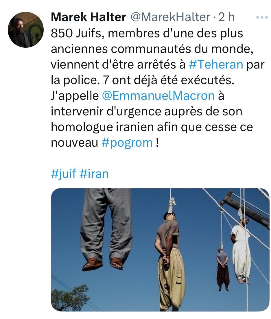 Chalom Lellouche (@chalomlellouche) on Twitter photo URGENCE JUIFS D'IRAN :
UN PONT AERIEN DE FORCE, VITE !!
Je relaie ici le message de mon ami <a href="/MarekHalter/">Marek Halter</a>.
« Si ces informations se confirment », il est urgent qu’un pont aérien de secours soit établi par la force entre l’Iran et Israël.
Nos frères juifs d’Iran font face à URGENCE JUIFS D'IRAN :
UN PONT AERIEN DE FORCE, VITE !!
Je relaie ici le message de mon ami <a href="/MarekHalter/">Marek Halter</a>.
« Si ces informations se confirment », il est urgent qu’un pont aérien de secours soit établi par la force entre l’Iran et Israël.
Nos frères juifs d’Iran font face à