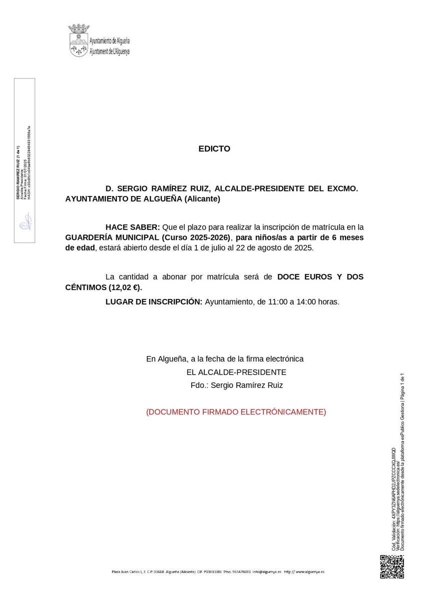 aytoalguenya's tweet image. 📢 EDICTO - MATRÍCULA GUARDERÍA MUNICIPAL,
CURSO 2025-26. 👶
✍🏻 Abierto el plazo de inscripción de matrícula para la #GuarderíaMunicipal. 
🗓️ Del 1 de julio al 22 de agosto de 2025.

@aytoalguenya #Algueña #lAlguenya #guarderiamunicipal #escuelainfantil