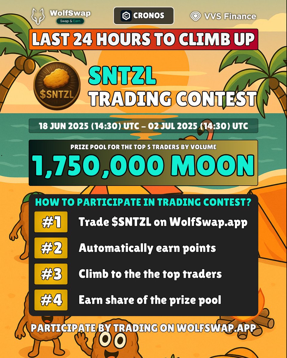 🚨 24 HOURS LEFT
1,750,000 $MOON is waiting for the TOP 5 in the <a href="/SCHNITZELmeme/">SCHNITZEL 🇩🇪</a> trading contest! 👀

This is your LAST CHANCE to trade $SNTZL and collect points, but are you even in? 🐺