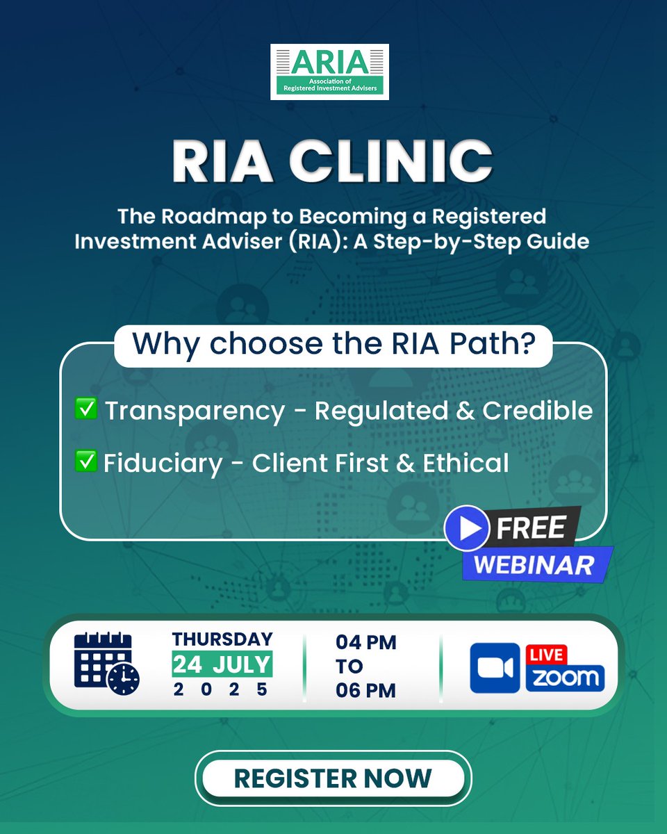 🚨 Ready to Launch Your RIA Journey? 🚨
Your path to becoming a Registered Investment Adviser starts here — with the RIA Clinic.

Learn directly from industry experts as they break down the registration process, share practical tips and guide you toward building a successful