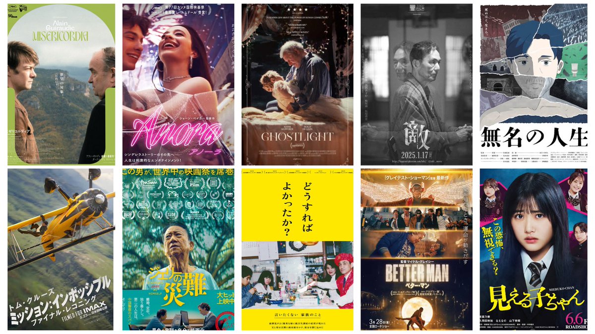 TaulNcCar's tweet image. #2025年上半期映画ベスト10
①ミゼリコルディア
②ANORA アノーラ
③カーテンコールの灯
④敵
⑤無名の人生
⑥ミッション:インポッシブル/ファイナル・レコニング
⑦ジェリーの災難
⑧どうすればよかったか?
⑨BETTER MAN/ベター・マン
⑩見える子ちゃん
新作84(外国61/日本23)本から