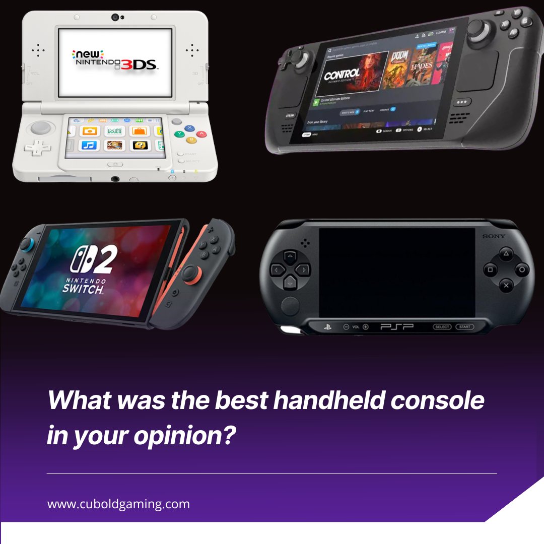 CuboldGaming's tweet photo. What is your favorite handheld console of all time? Let me know #steamdeck #Switch2 #psp #PSVita #nintendoDS #nintendo https://t.co/oAFcoly7SY